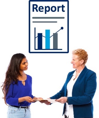 Two women looking at a report and a report icon.