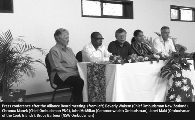 Press conference after the Alliance Board meeting: (from left) Beverly Wakem (Chief Ombudsman New Zealand), Chronox Manek (Chief Ombudsman PNG), John McMillan (Commonwealth Ombudsman), Janet Maki (Ombudsman of the Cook Islands), Bruce Barbour (NSW Ombudsman) 