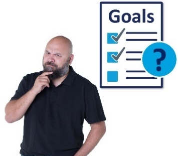 A man thinking and a list of goals with a question mark on it. 