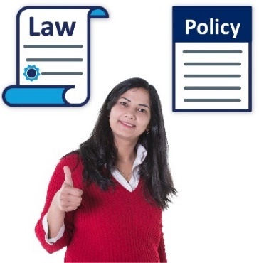 A woman giving a thumbs up, a law and a policy.