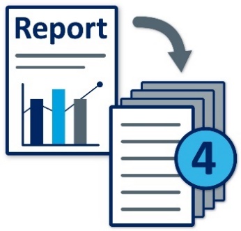 A report with an arrow curving towards four documents. 
