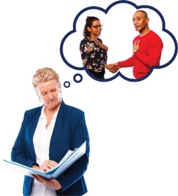 A woman looking at a document and a thought bubble with two people shaking hands in it.