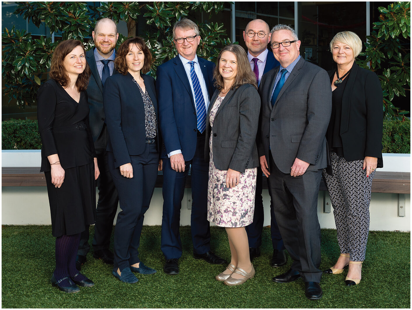 Senior Leadership Group (L to R): Chelsey Bell, Paul Pfitzner, Louise Macleod, Michael Manthorpe, Fiona Sawyers, Rodney Lee Walsh, Dermot Walsh and Doris Gibb. Photo taken in August 2017.