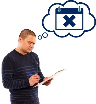 A man writing on a clipboard and a thought bubble with a calendar with a cross on it.