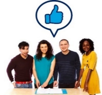 A group of people looking at a document and a speech bubble with a thumbs up in it.
