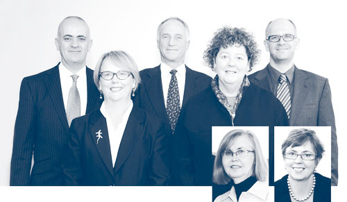 Senior management team (from left) George Masri, Diane Merryfull, Ron Brent, Anna Clendinning, Adam Stankevicius, (inset from left) Helen Fleming, Fiona Bowring-Greer