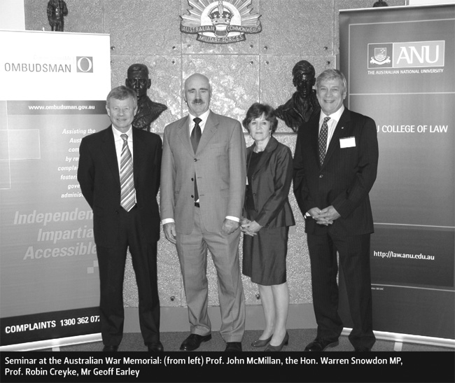 Seminar at the Australian War Memorial: (from left) Prof. John McMillan, the Hon. Warren Snowdon MP, Prof. Robin Creyke, Mr Geoff Earley