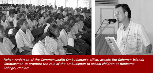 Rohan Anderson of the Commonwealth Ombudsman’s office, assists the Solomon Islands Ombudsman to promote the role of the ombudsman to school children at Betikama College, Honiara.