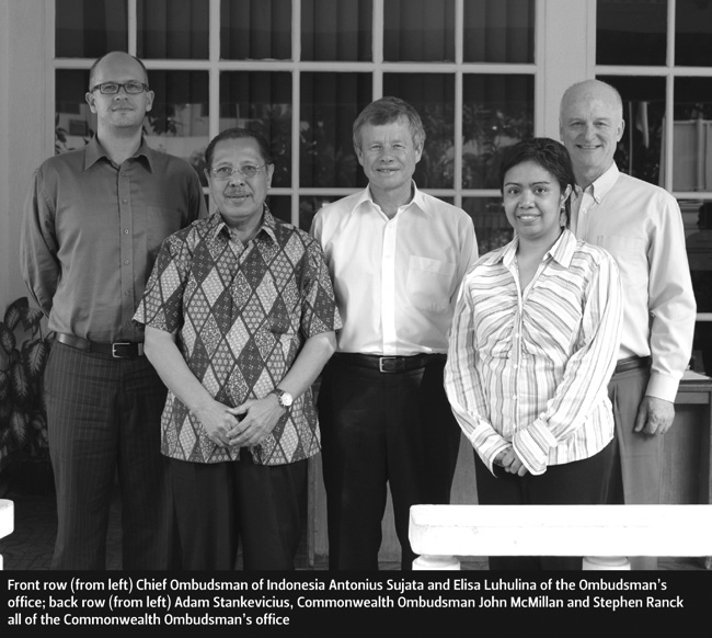 Front row (from left) Chief Ombudsman of Indonesia Antonius Sujata and Elisa Luhulina of the Ombudsman’s office; back row (from left) Adam Stankevicius, Commonwealth Ombudsman John McMillan and Stephen Ranck all of the Commonwealth Ombudsman’s office 