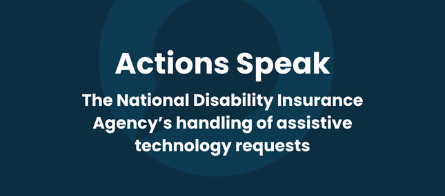 Charcoal background with blue Commonwealth Ombudsman logo and white text reading 'Actions Speak - The National Disability Insurance Agency's handling of assistive technology requests'.