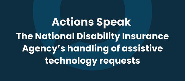 Charcoal background with blue Commonwealth Ombudsman logo and white text reading 'Actions Speak - The National Disability Insurance Agency's handling of assistive technology requests'.