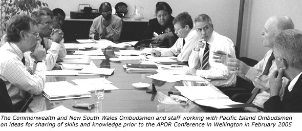 The Commonwealth and New South Wales Ombudsmen and staff working with Pacific Island Ombudsmen on ideas for sharing of skills and knowledge prior to the APOR Conference in Wellington in February 2005