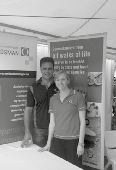 The office aims to make Ombudsman complaint services more accessible to Indigenous Australians. Famous Indigenous ex rugby league player, Steve Renouf, lends his support to outreach in Queensland in 2013. Steve is pictured with a member of the Ombudsman’s Indigenous team.