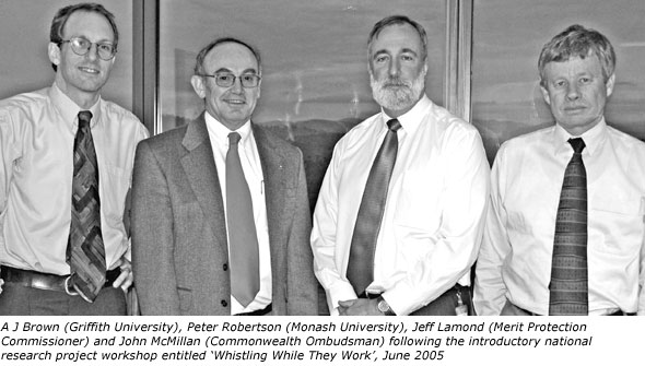 A J Brown (Griffith University), Peter Robertson (Monash University), Jeff Lamond (Merit Protection Commissioner) and John McMillan (Commonwealth Ombudsman) following the introductory national research project workshop entitled �Whistling While They Work�, June 2005