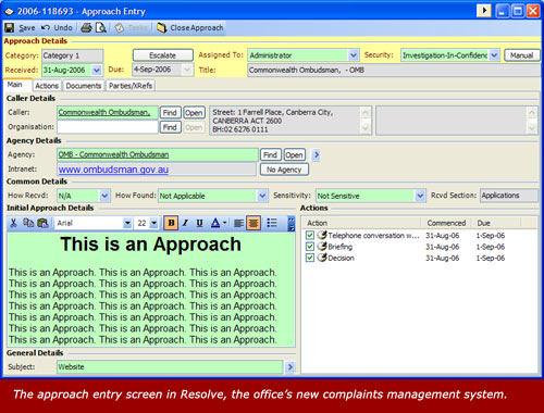 The approach entry screen in Resolve, the office’s new complaints management system.