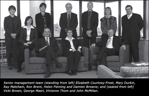 Senior management team (standing from left) Elizabeth Courtney-Frost, Mary Durkin, Ray Matcham, Ron Brent, Helen Fleming and Damien Browne; and (seated from left) Vicki Brown, George Masri, Vivienne Thom and John McMillan.