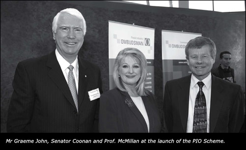 Mr Graeme John, Senator Coonan and Prof. McMillan at the launch of the PIO Scheme.