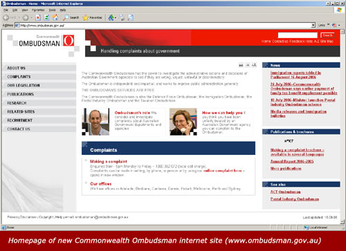 Homepage of new Commonwealth Ombudsman internet site (www.ombudsman.gov.au)