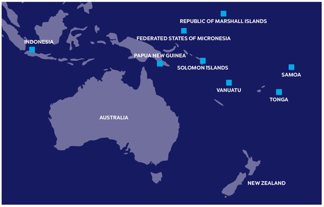 Image showing map of the countries we engage with to deliver our international program in the Asia-Pacific region. Left to right: Indonesia, Australia, Papua New Guinea, Federated States of Micronesia, Republic of Marshall Islands, Solomon Islands, Vanuatu, Tonga, Samoa and New Zealand