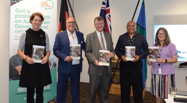 Photo of 2018 Reconciliation Action Plan launch. Left to right: Jaala Hinchcliffe, Russell Taylor, Michael Manthorpe PSM, Charles Turner and Fiona Sawyers